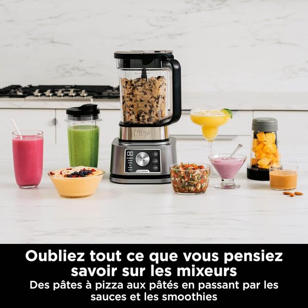 Ninja Foodi Power Nutri Blender 3-en-1, mixeur pour bols de smoothie, pâtes à tartiner épaisses et boissons glacées, programmes automatiques, 2,1 L, 700 ml et 400 ml, 1200 W, Silver CB350EU
