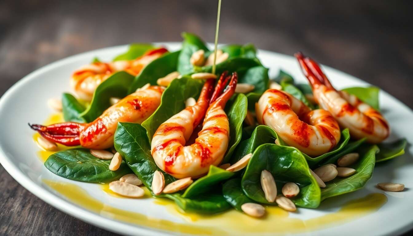 Salade de gambas : vinaigrette orange et moutarde aigre-douce