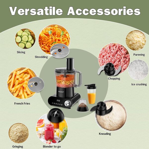 Robot de cuisine & Éminceur, 2.5 L Food Processor 1500 W avec grand tube d'alimentation – Créage de glace, Mouture, Presse-citron, Râpage, Coupe & Pâtisserie, Noir
