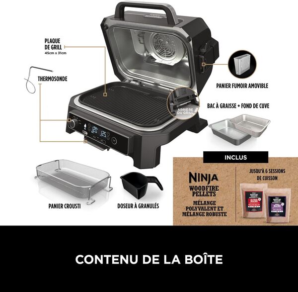 Ninja Woodfire Barbecue électrique et fumoir Pro XL avec thermomètre, barbecue et Air fryer d'extérieur 4-en-1 avec système Smart Cook et granulés Woodfire, portatif, gris/noir, OG850EU