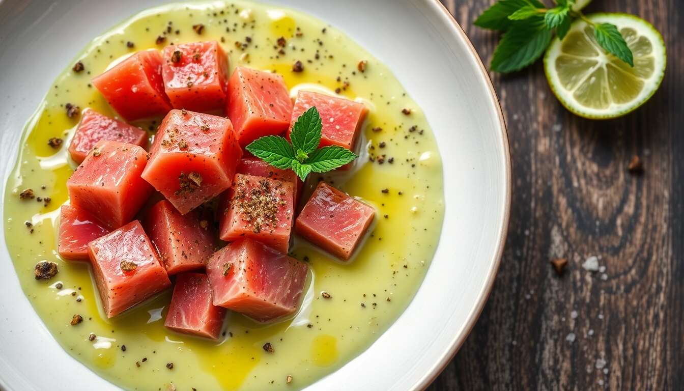 Cubes de thon épicés et soupe glacée d'avocat : recette originale