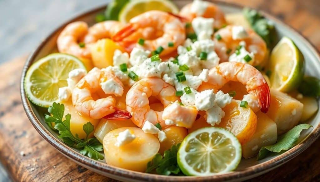 Salade de pommes de terre au chèvre, crevettes et citron vert