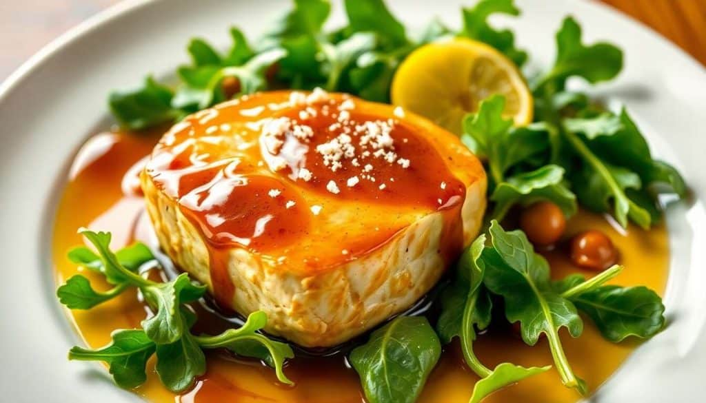 Foie gras poêlé à la gelée de coing, salade de mâche