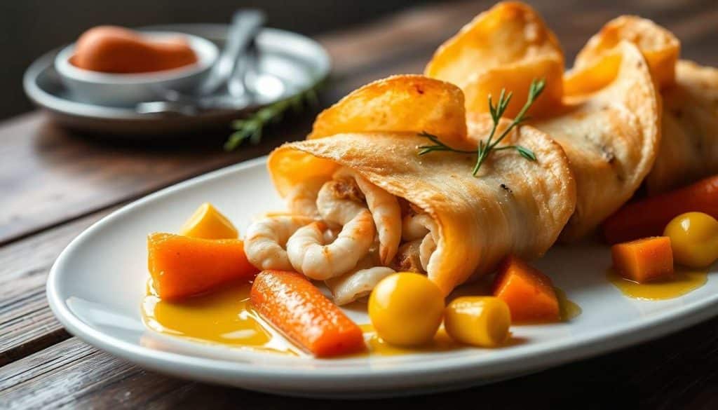 Recette de bar de ligne et langoustines en kadaïf avec mini-légumes glacés