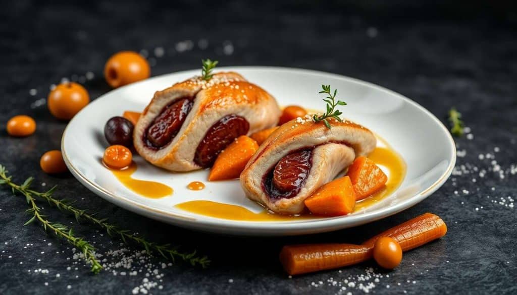 Tournedos de bar farci : pruneaux, amandes et carottes glacées