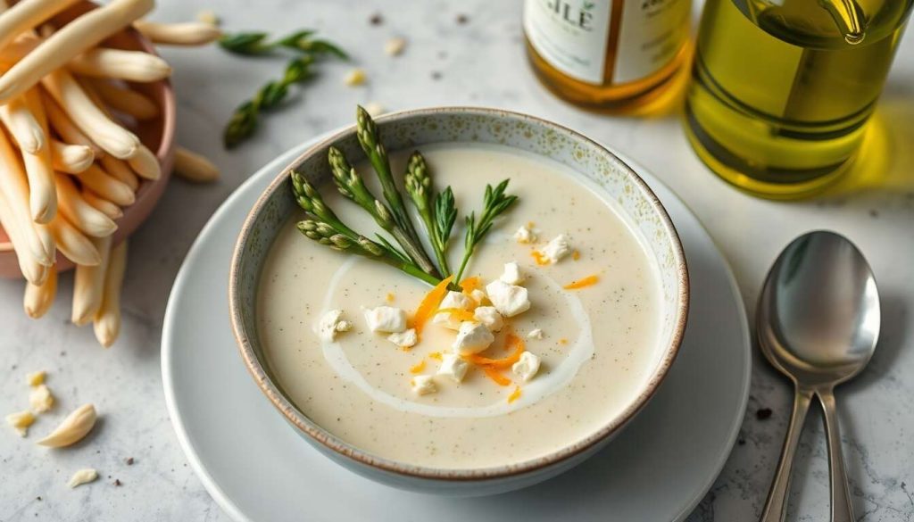 Soupe glacée d’asperges au chèvre et orange