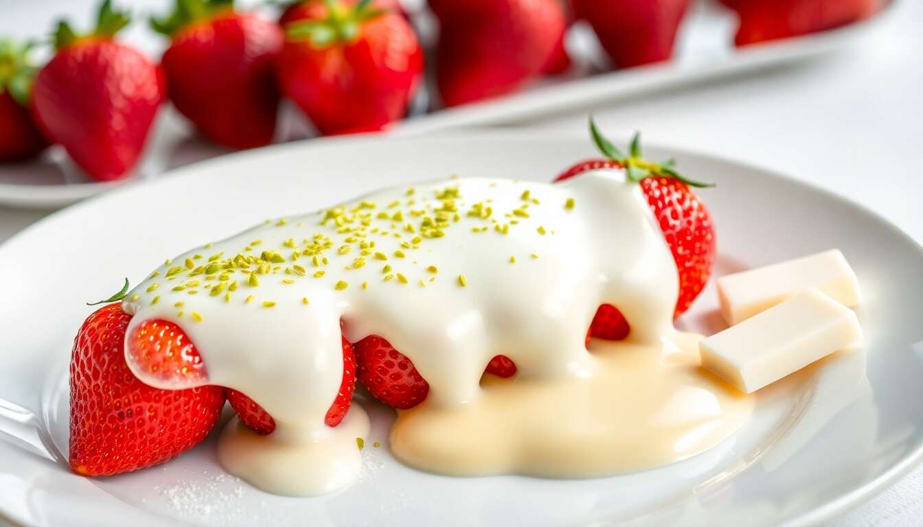 Fraises Gariguettes Sabayon Pistache et Glace au Chocolat Blanc