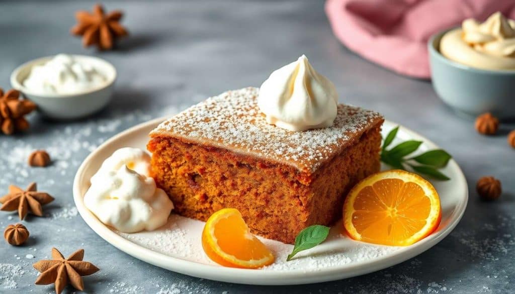 Pain d'épices moelleux et mandarine au Grand Marnier, glace vanille et mousse marron