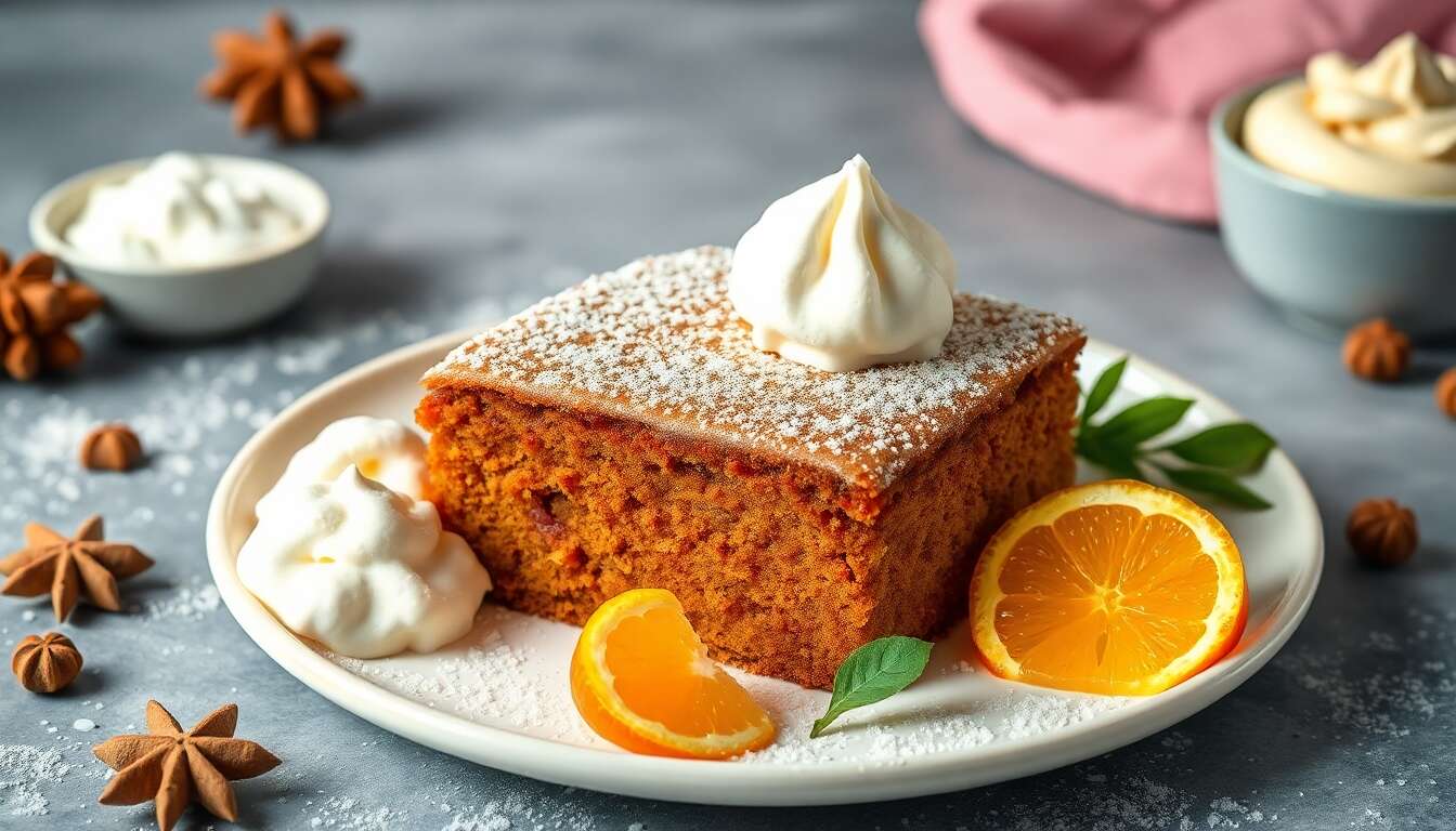 Pain d'épices moelleux et mandarine au Grand Marnier, glace vanille et mousse marron