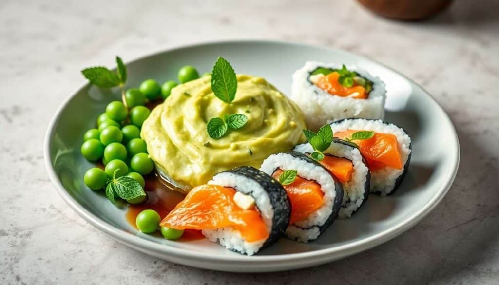 Crème de petits pois à la menthe et makis saumon chèvre frais