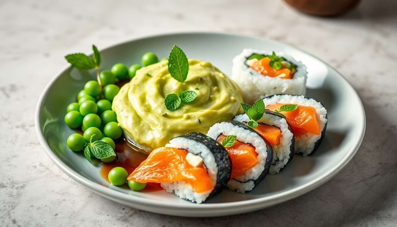 Crème de petits pois à la menthe et makis saumon chèvre frais