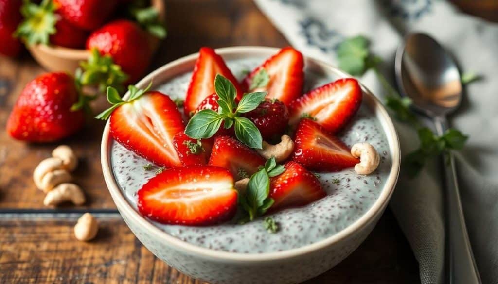 Pudding de chia : recette salade de fraises et coulis de roquette