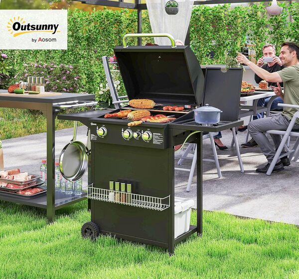Barbecue à gaz en acier Outsunny, 3+1 brûleurs indépendants avec couvercle, thermomètre, roues, 2 grilles, table d'appoint, support à épices et bac à graisse, régulateur, noir
