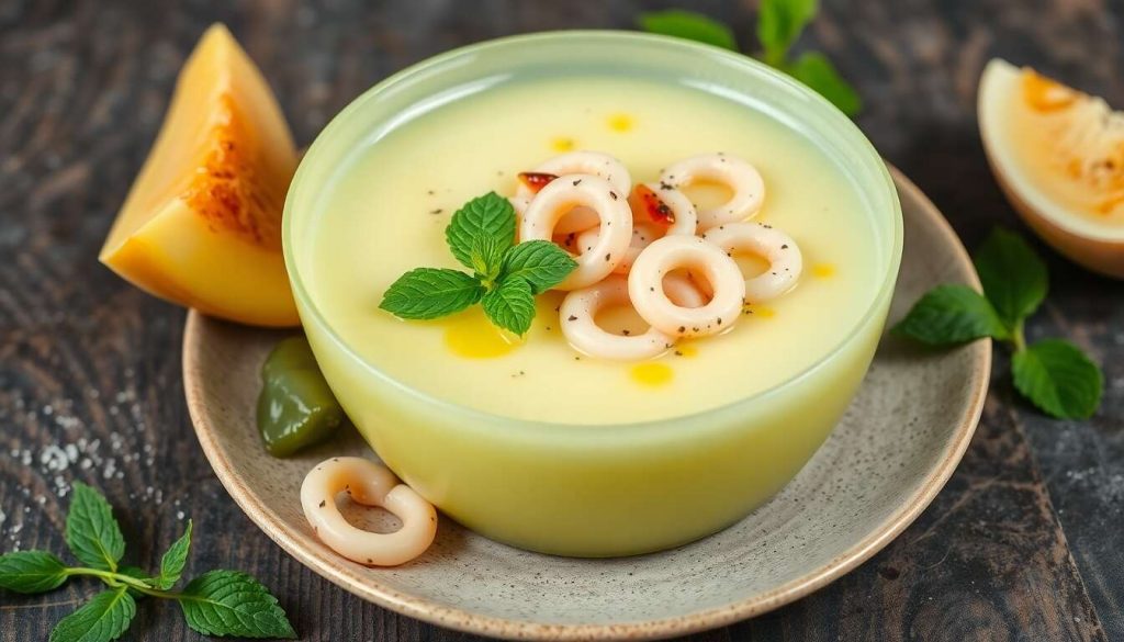 Soupe de melon glacée aux encornets poêlés