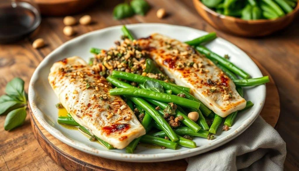Filets de sardines au four & salade de haricots verts au basilic et tapenade verte