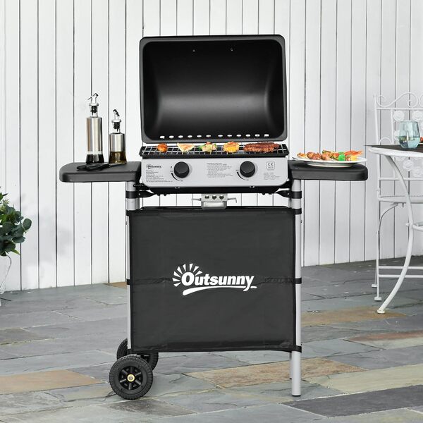 Barbecue à gaz Outsunny avec couvercle et 2 brûleurs 5.6kW, barbecue en acier avec roues et étagères, 104x49x99cm noir