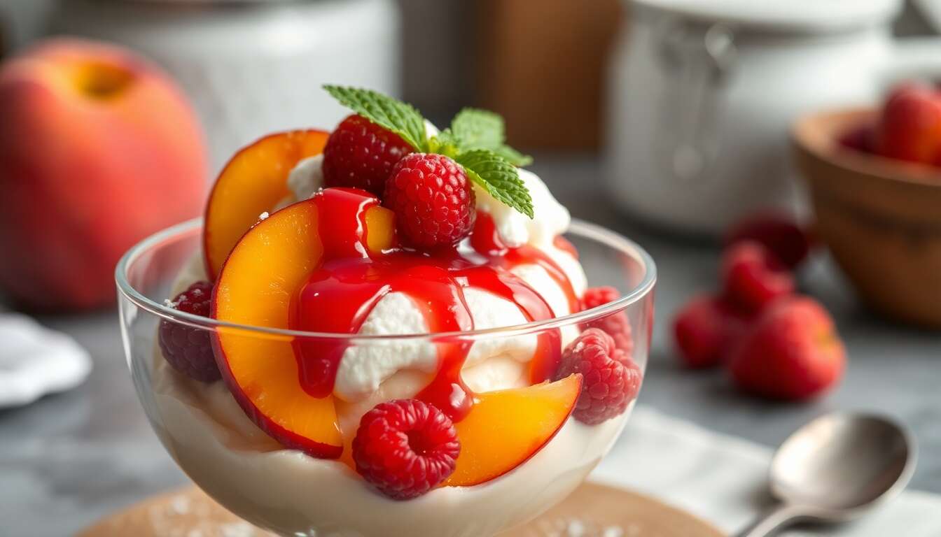 Mousse Glacée à la Pêche et Coulis de Framboises : délice Fruité Facile
