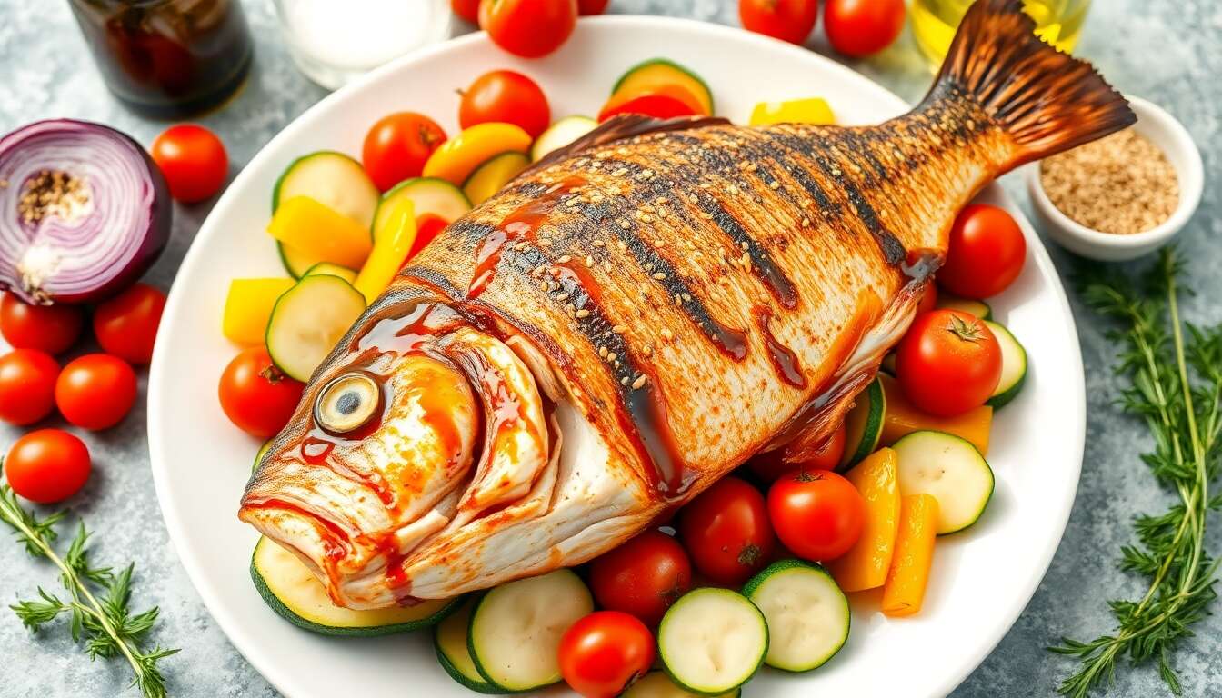 Barbecue : bar sur lit de légumes et sauce aigre-douce