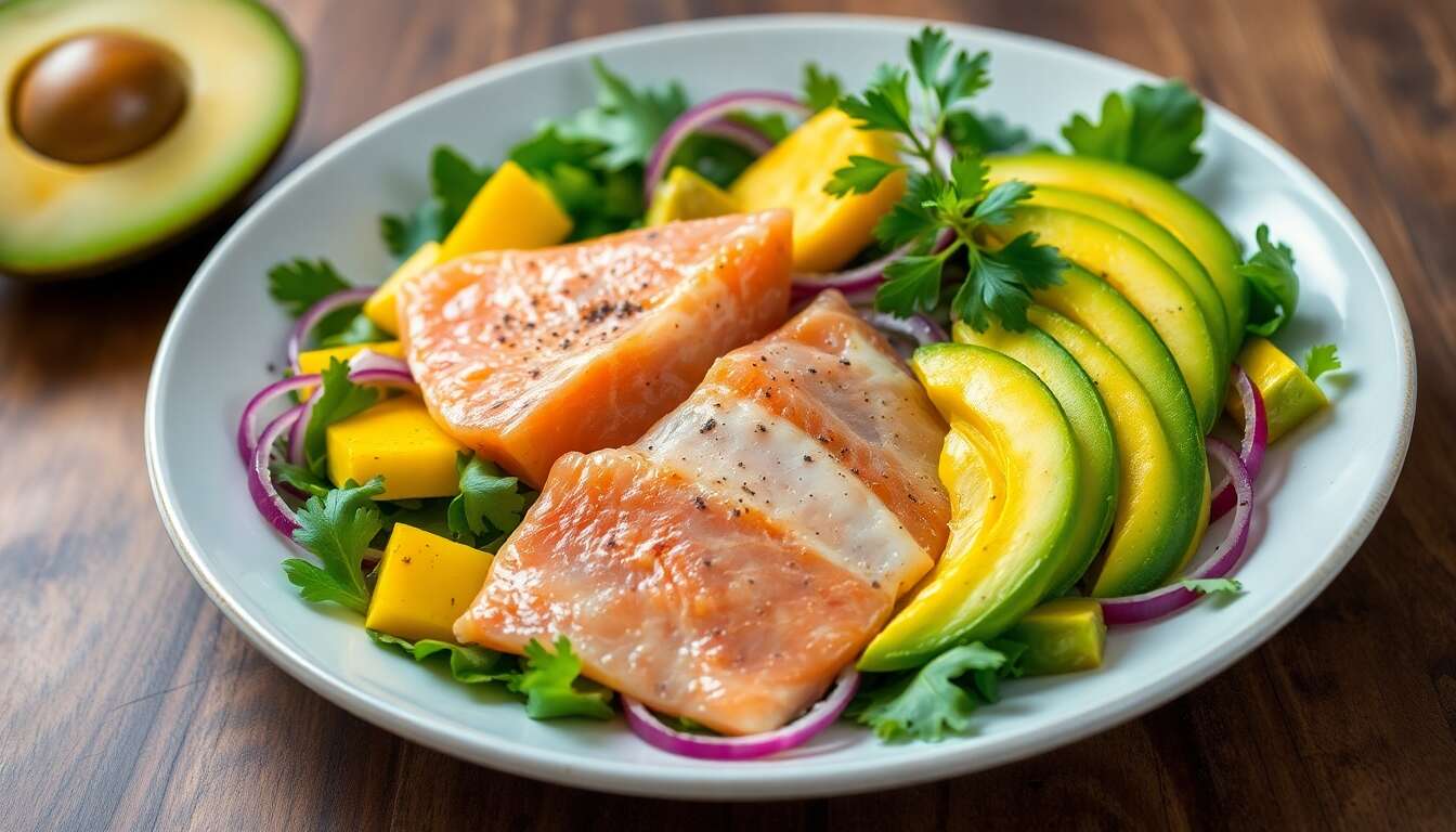 Salade fraîcheur truite fumée, mangue, avocat