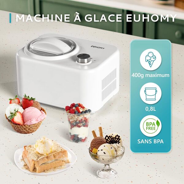 Euhomy sorbetiere turbine a glace, Machine a glace avec compresseur, Machines à glace et sorbetières auto-réfrigérant de 1L，100W, smoothies, yaourt glacé, milkshakes, Machine à crème glacée DIY