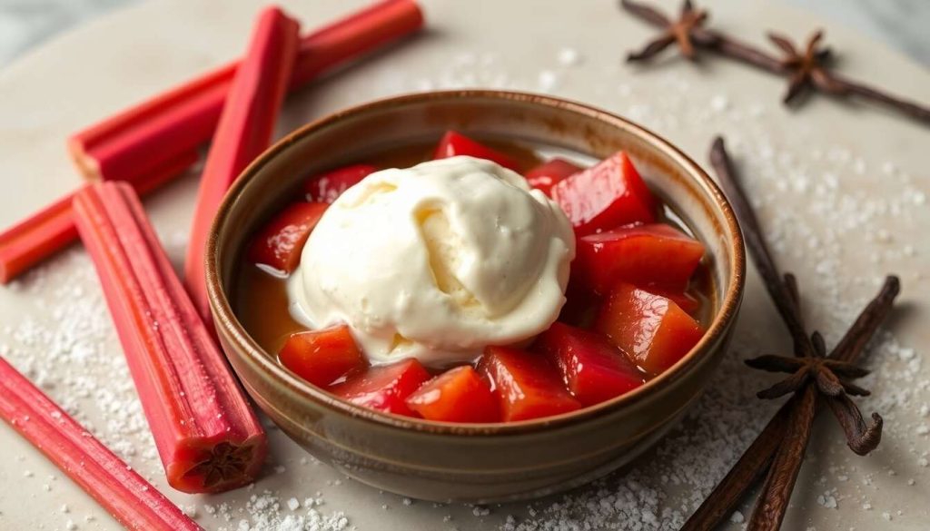 Rhubarbe pochée, boule de glace vanille : recette gourmande