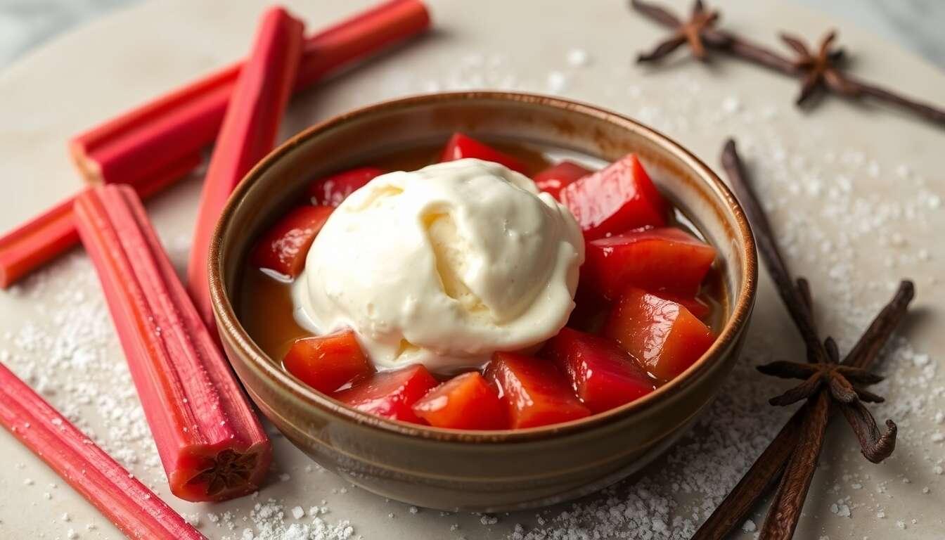 Rhubarbe pochée, boule de glace vanille : recette gourmande