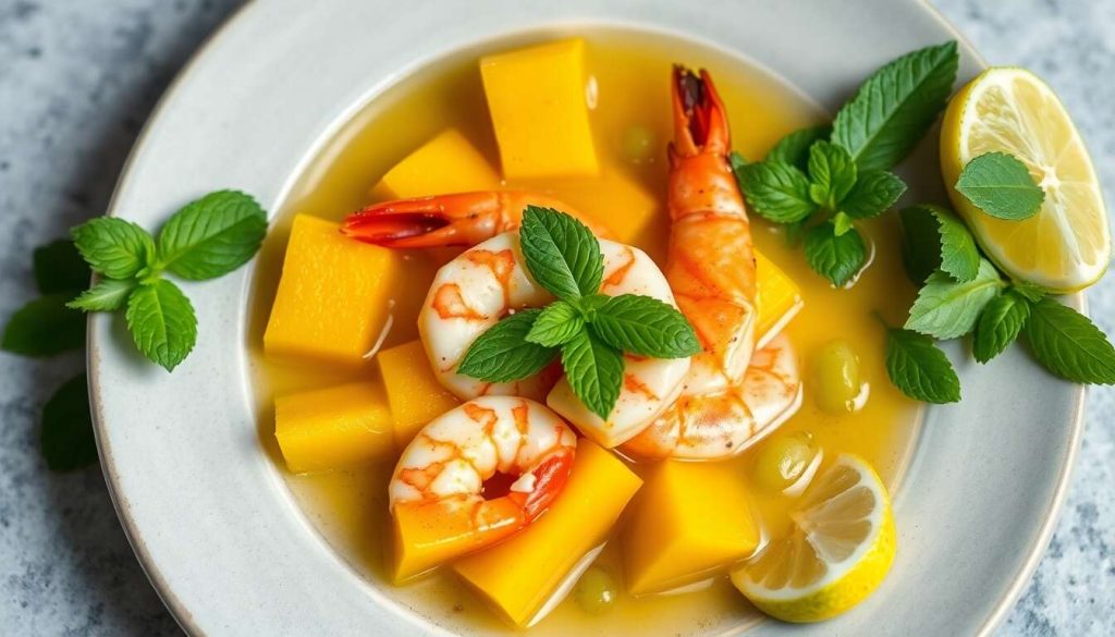 Soupe glacée de melon, mangue, fèves et gambas grillées