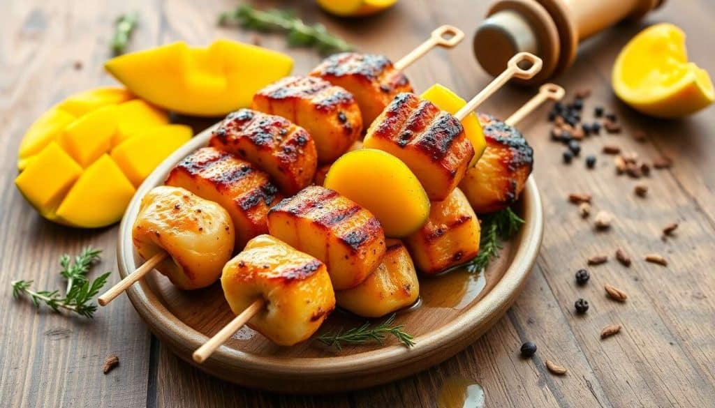 Minibrochettes de poulet et mangue au piment et thym citron
