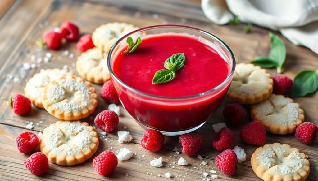 Soupe glacée framboises basilic et shortbreads vanille