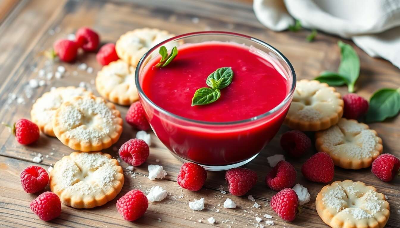 Soupe glacée framboises basilic et shortbreads vanille