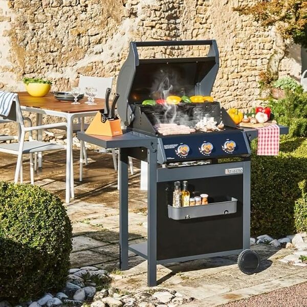 BRASERO - Barbecue Spring II 3 Feux - Surface de Cuisson Mixte en Fonte émaillée - 1/2 Plaque de Cuisson - 1/2 Grille de Cuisson - 3 Brûleurs à gaz - Puissance de 9,45 KW - Jusqu'à 10 convives