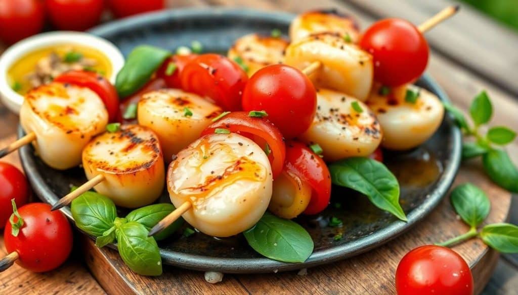 Brochettes de Saint-Jacques et oignons au barbecue : sauce vierge au basilic
