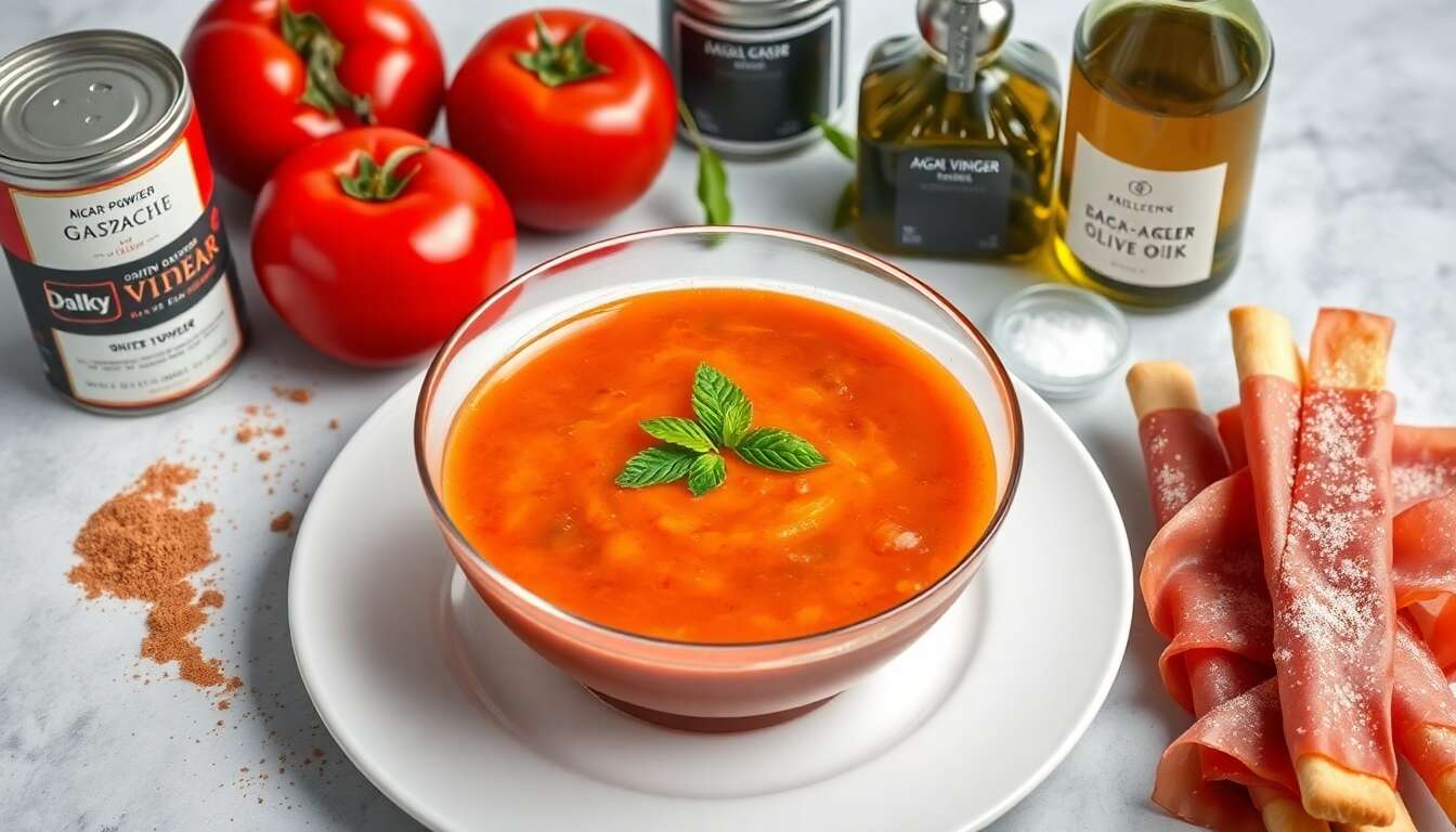 Recette de gaspacho glacé et siphonné avec gressins au Parme