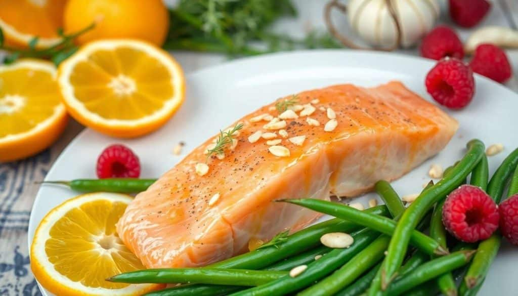 Saumon mariné aux agrumes : fraîcheur de haricots verts à la framboise