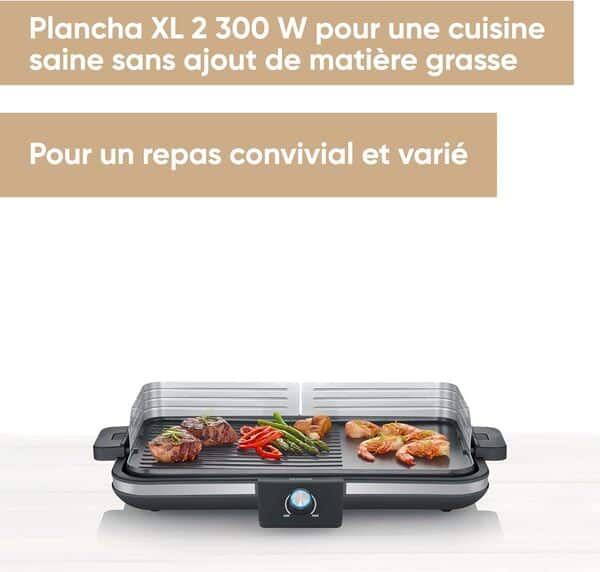 SEVERIN Plancha réglable jusqu'à 230°C, 2 300 W, Plaque de cuisson au revêtement antiadhésif pour viandes, poissons & légumes, Gril électrique avec bac récupérateur de graisse amovible, Noir, PG 8564