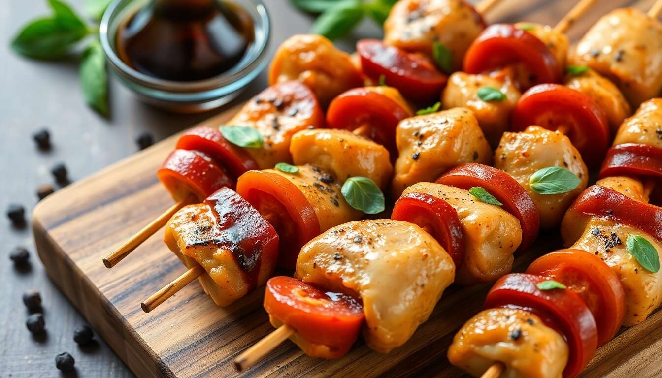 Brochettes de poulet mariné au basilic et chorizo