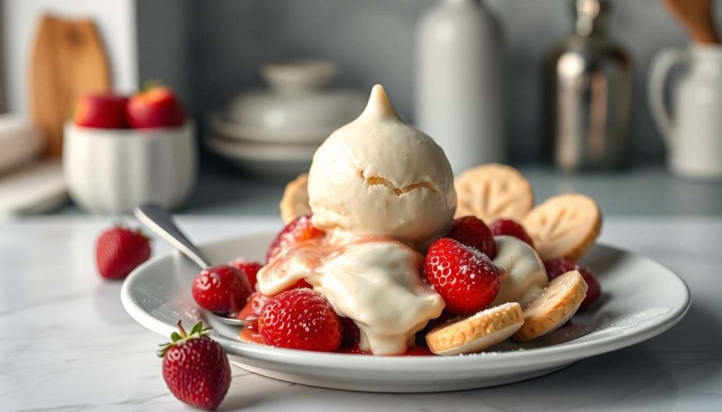 Fraises au jus, biscuits cuillère & glace vanille maison : recette gourmande
