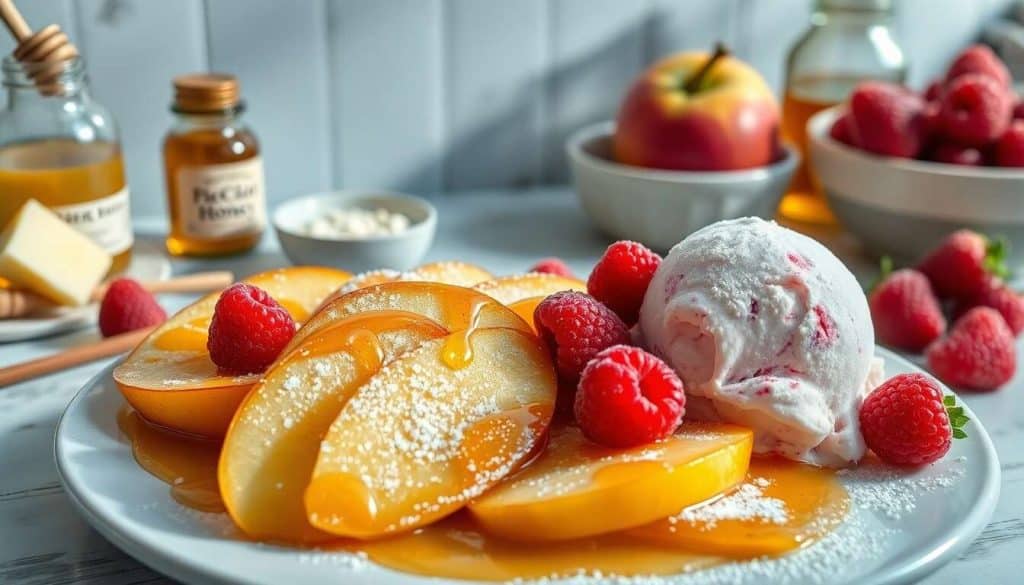Pommes caramélisées au miel : recette de glace minute à la framboise