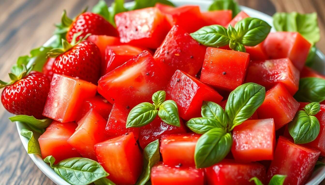 Salade fraise, tomate, pastèque, basilic : émulsion poivre long