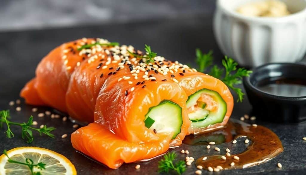 Roulade de saumon cru, concombre et sésame