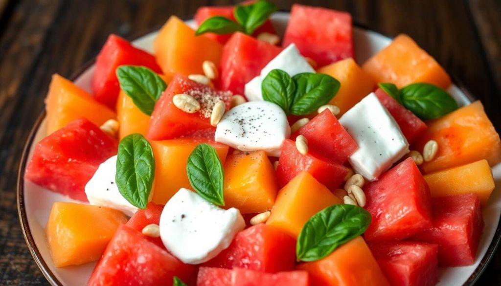 Salade de pastèque et melon au basilic avec chèvre frais