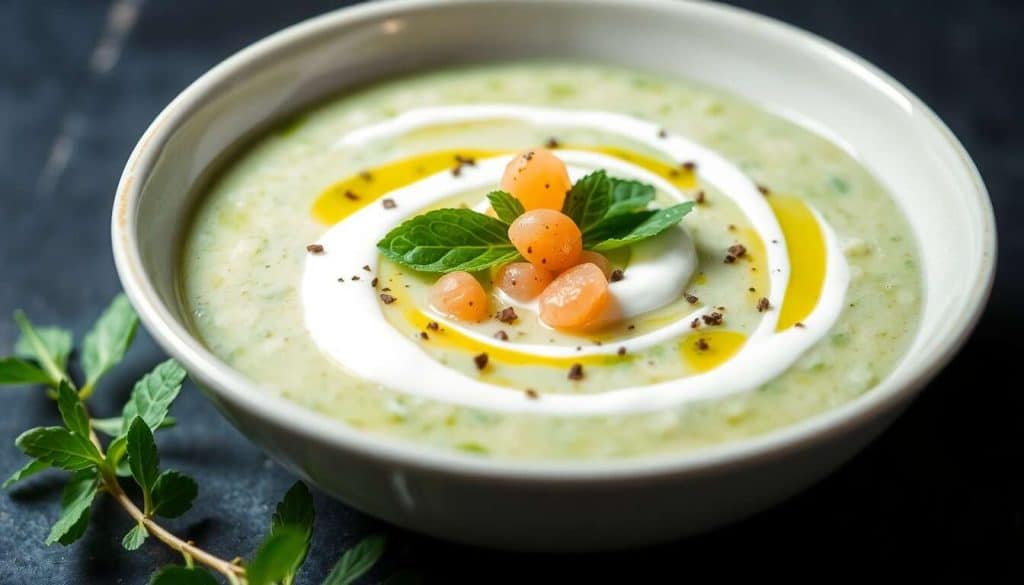Recette de Gaspacho de Concombres et Allumettes de Perles d'Algues au Saumon