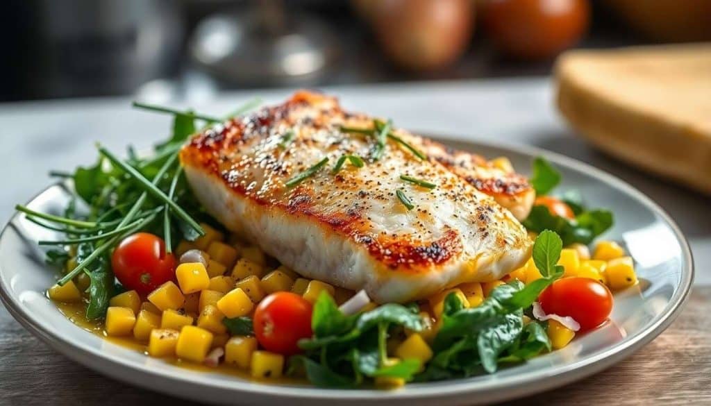 Pavé de bar rôti, maïs frais poêlé, salade de mâche et sauce vierge