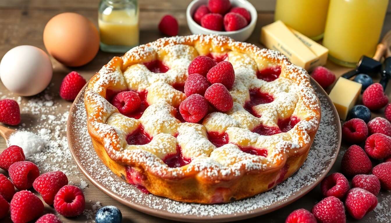Clafoutis aux framboises et sorbet minute fruits rouges : recette gourmande