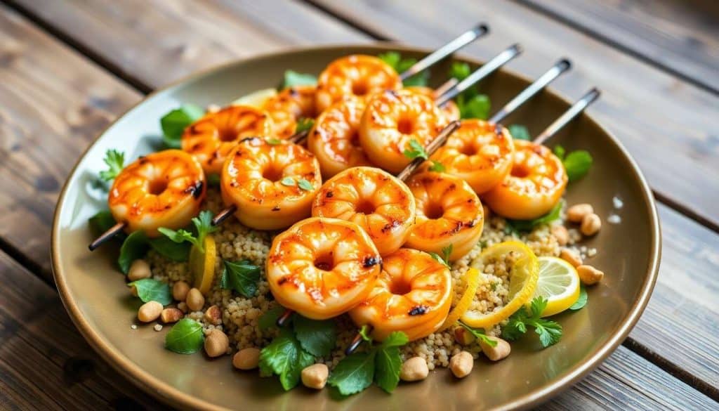 Brochettes de gambas aux agrumes et salade tiède aux pignons