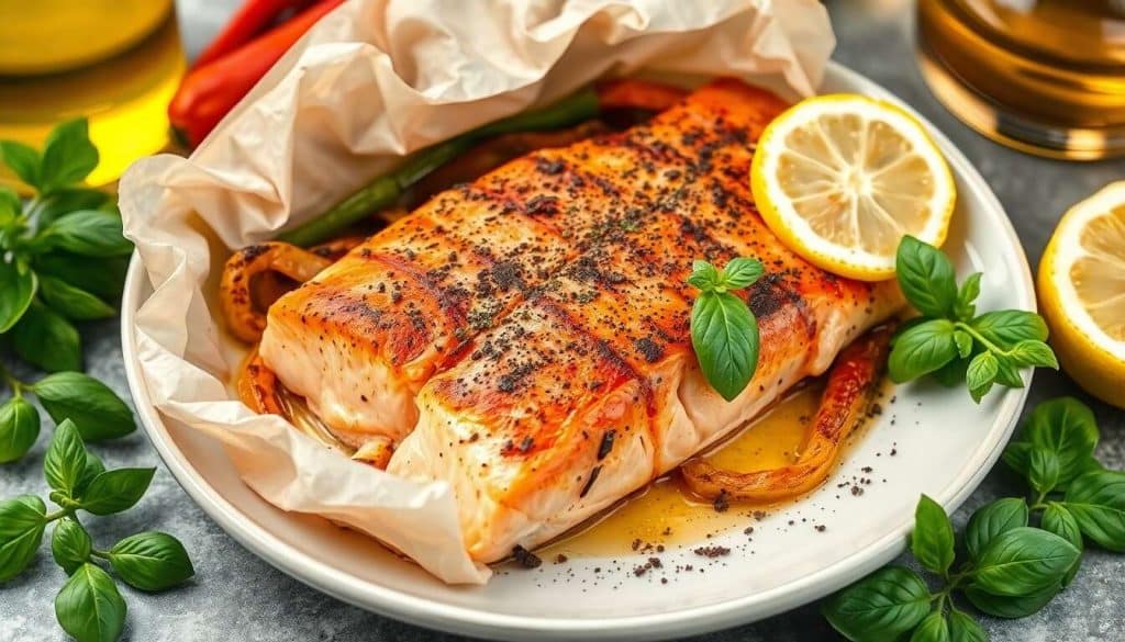 Papillote de saumon au barbecue : recette aux 3 poivrons et basilic