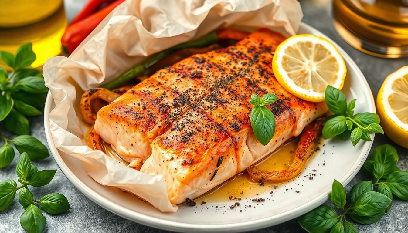 Papillote de saumon au barbecue : recette aux 3 poivrons et basilic