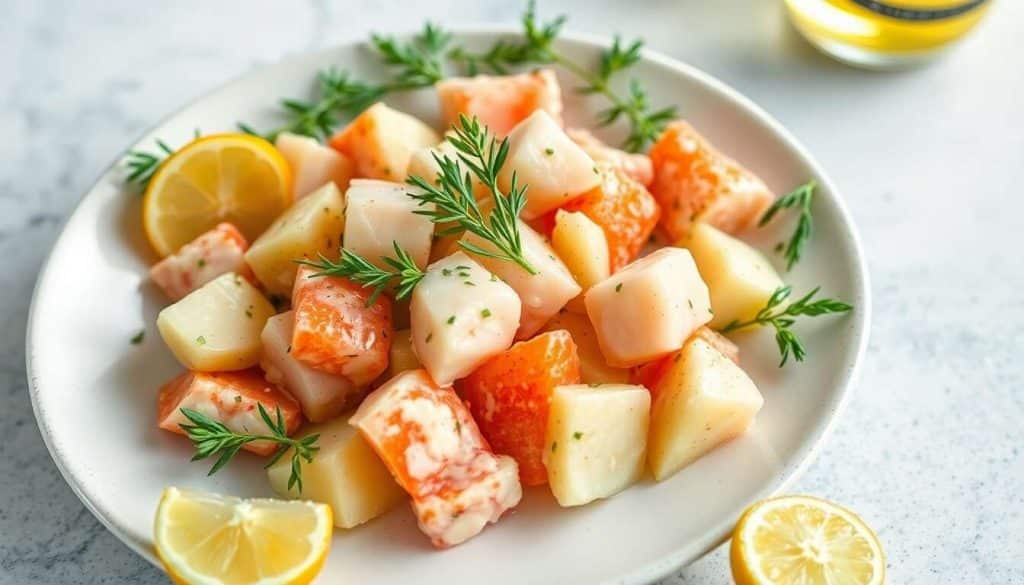 Salade de pommes de terre et homard au jus de coquillages