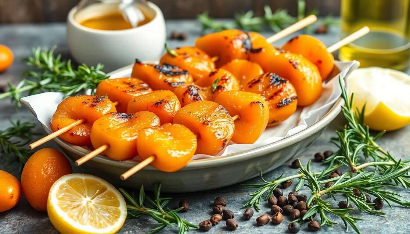 Brochettes d'abricots au romarin : barbecue, sauce yaourt et miel