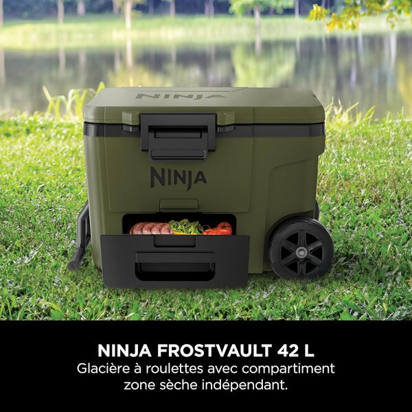 Ninja FrostVault Glacière Robuste et Isotherme, avec Roues et tiroir de Stockage à Sec Dry Zone, Conserve la Glace Plusieurs Jours, Olive